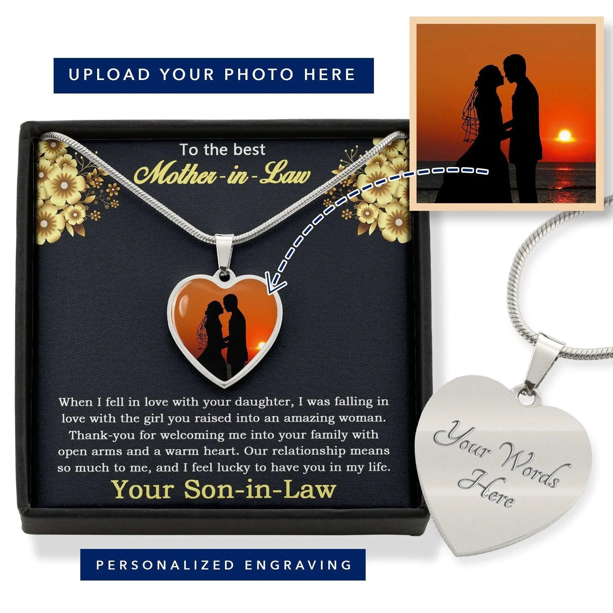 Gift for Mother-in-Law from Son-in-Law Custom Photo Upload Heart Pendant Necklace