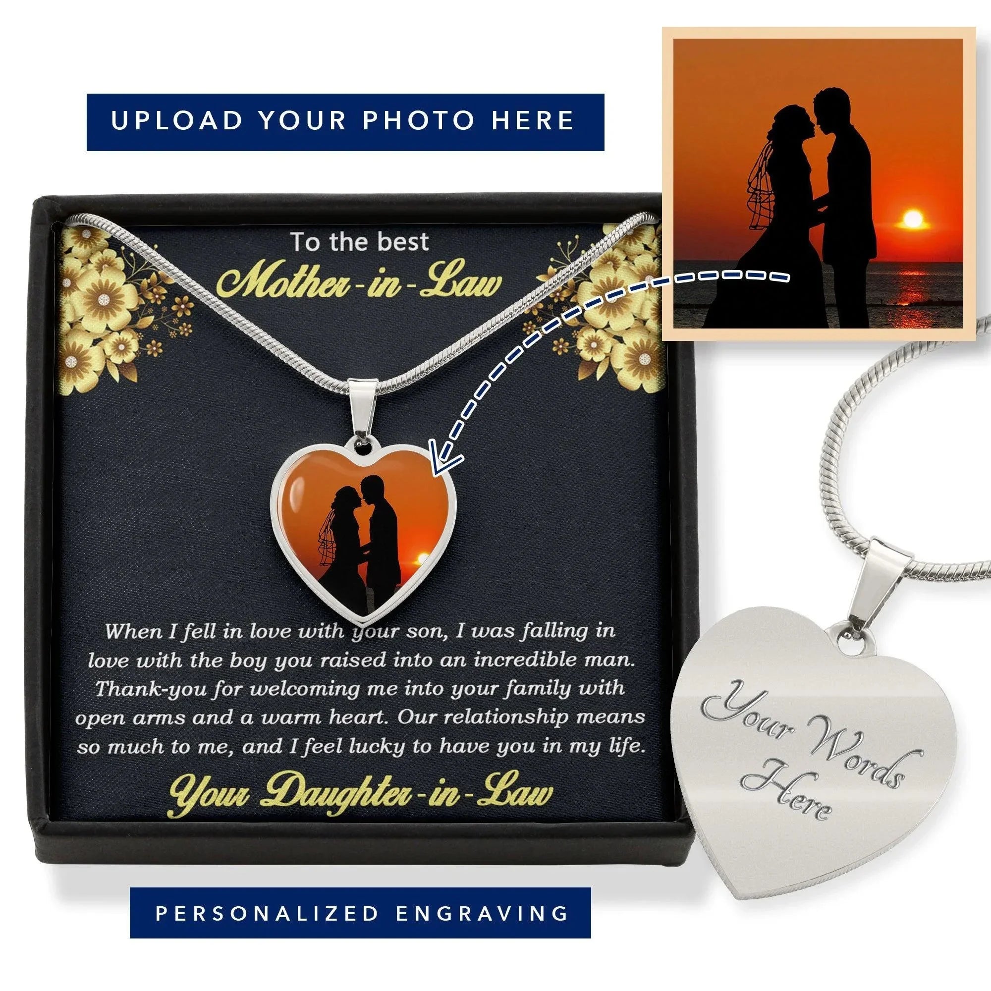 Gift for Mother-in-Law from Daughter-in-Law Custom Photo Heart Pendant Necklace
