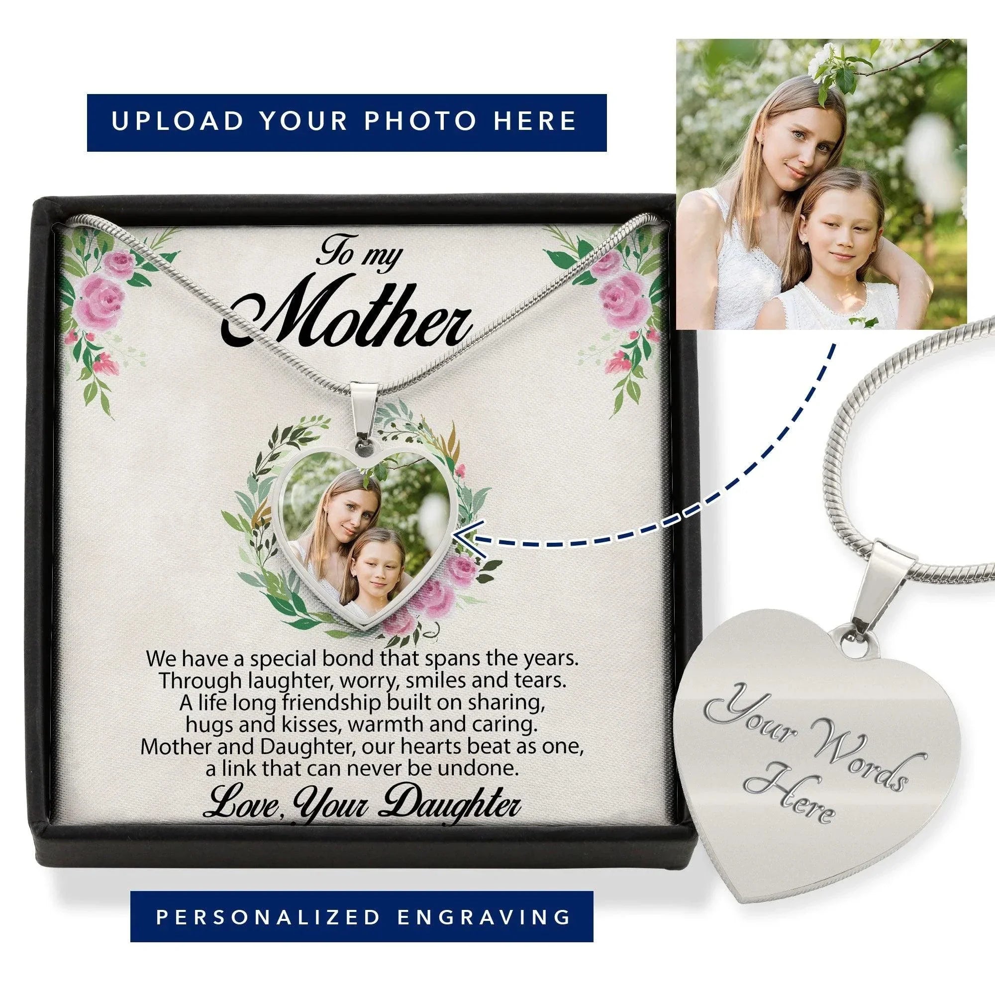 Gift for Mother from Daughter Custom Photo Upload Heart Pendant Necklace