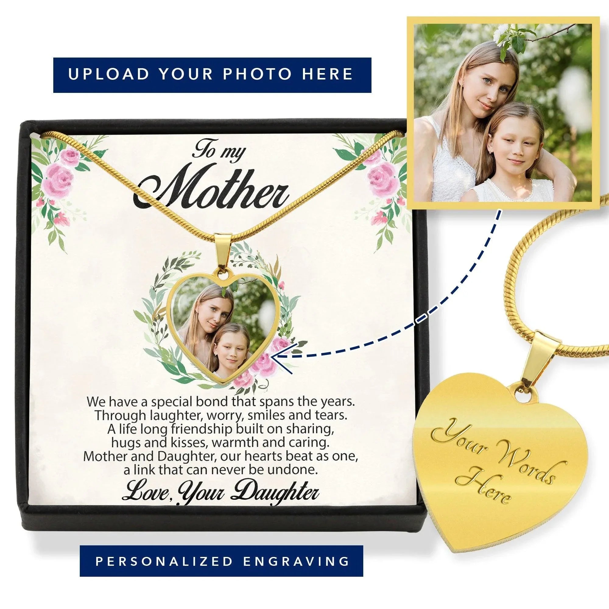 Gift for Mother from Daughter Custom Photo Upload Heart Pendant Necklace