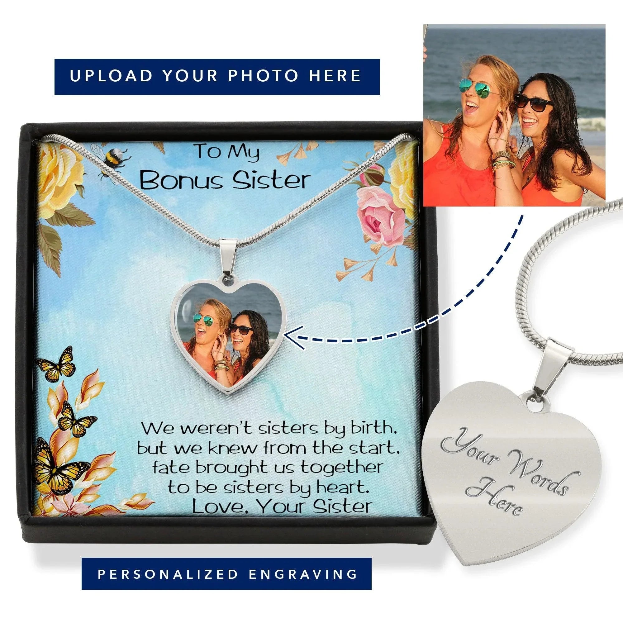 Bonus Sister Heart Photo Upload Pendant Necklace with Message Card Gift Box