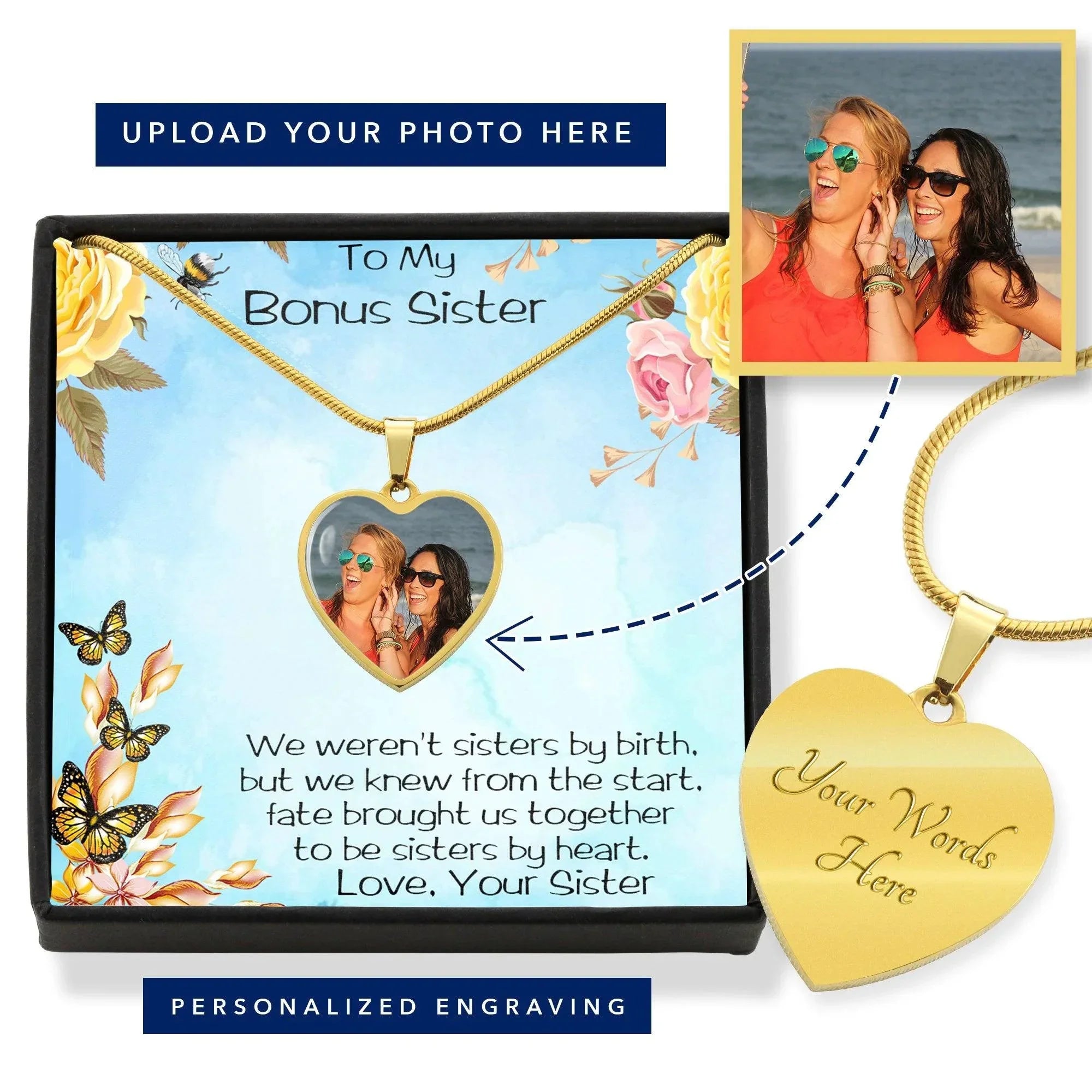 Bonus Sister Heart Photo Upload Pendant Necklace with Message Card Gift Box