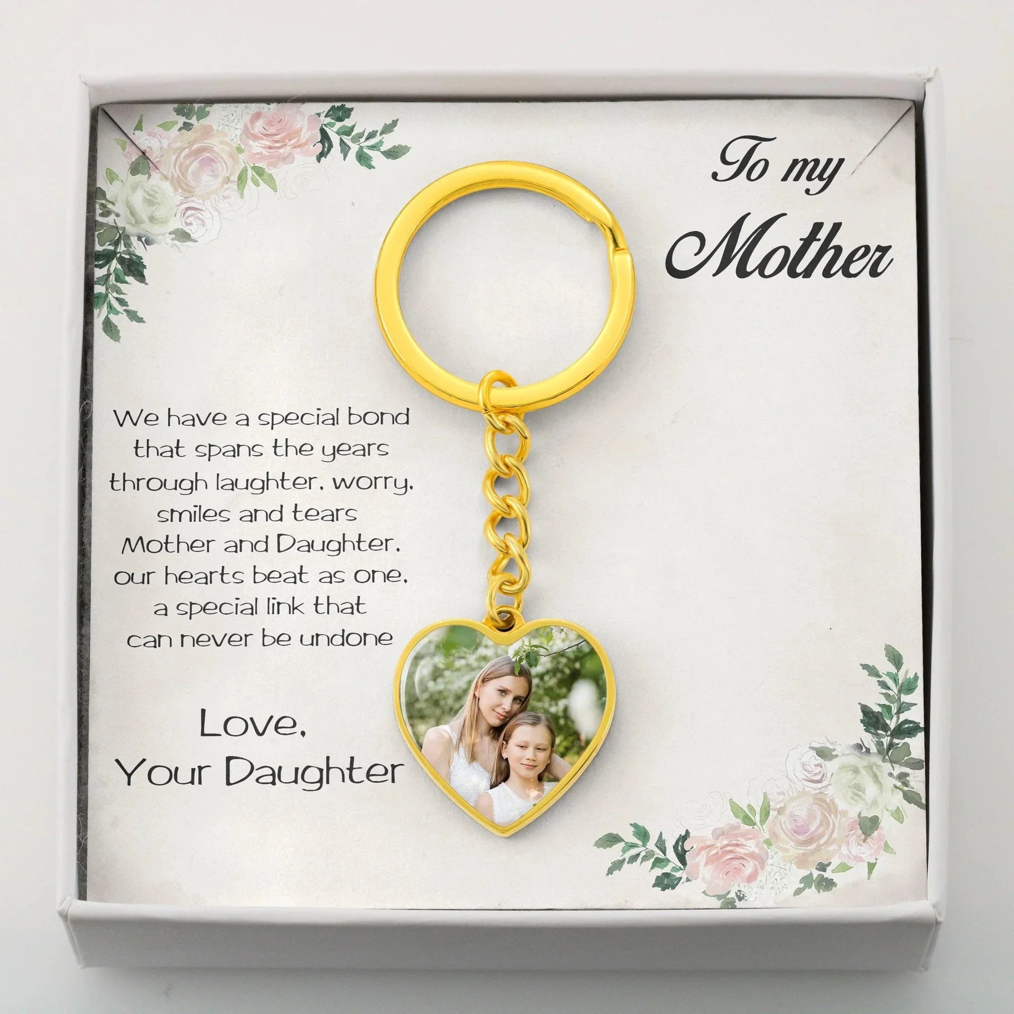Personalized Photo Upload Heart Pendant Keychain Gift for Mother from Daughter with Message Card