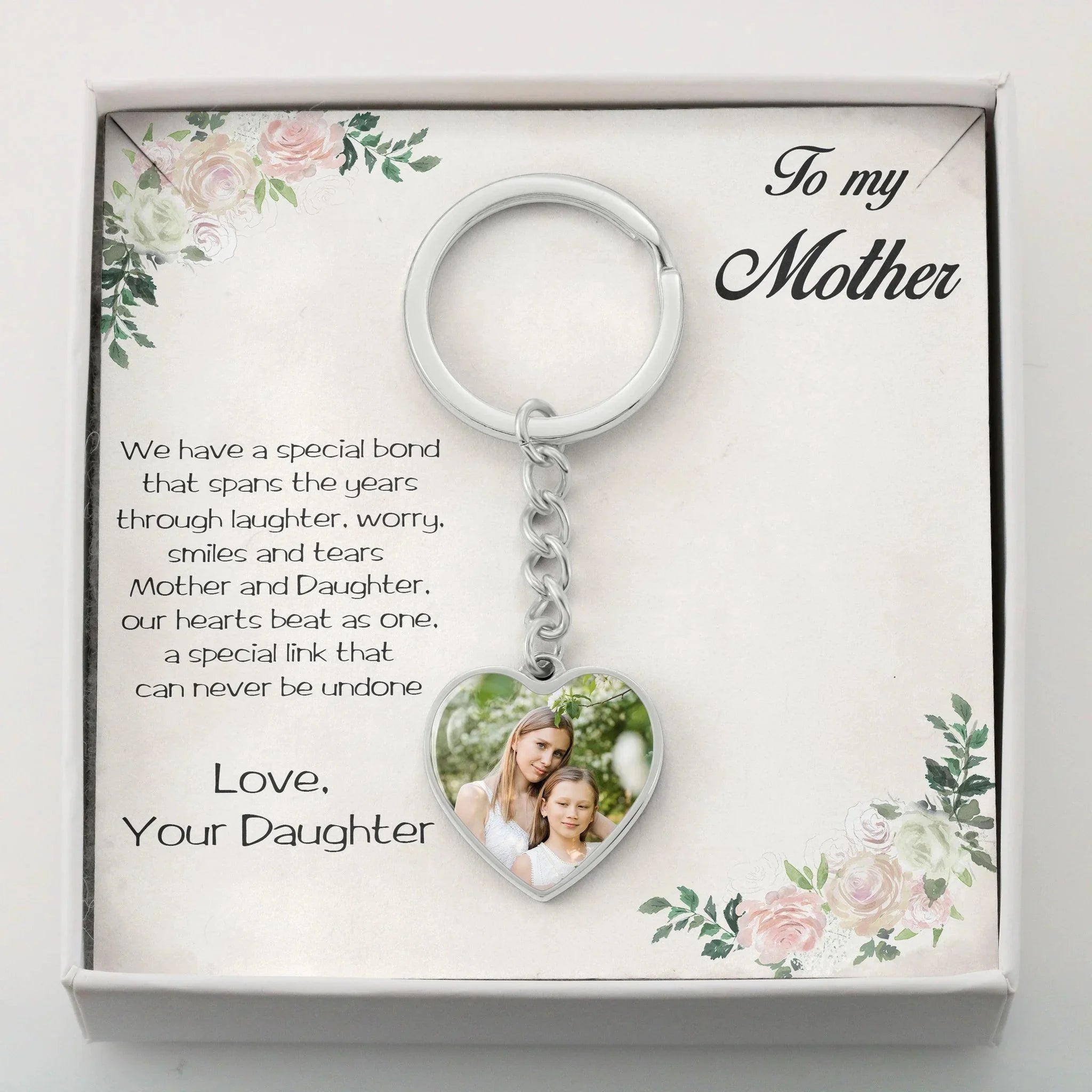 Personalized Photo Upload Heart Pendant Keychain Gift for Mother from Daughter with Message Card