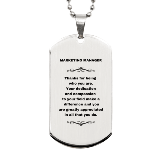 Marketing Manager Silver Dog Tag Necklace - Thanks for being who you are - Birthday Christmas Jewelry Gifts Coworkers Colleague Boss - Mallard Moon Gift Shop