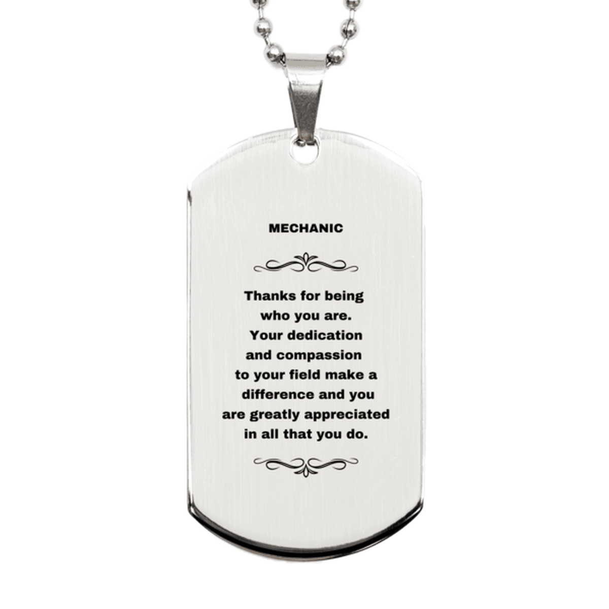 Mechanic Silver Dog Tag Necklace - Thanks for being who you are - Birthday Christmas Jewelry Gifts Coworkers Colleague Boss - Mallard Moon Gift Shop