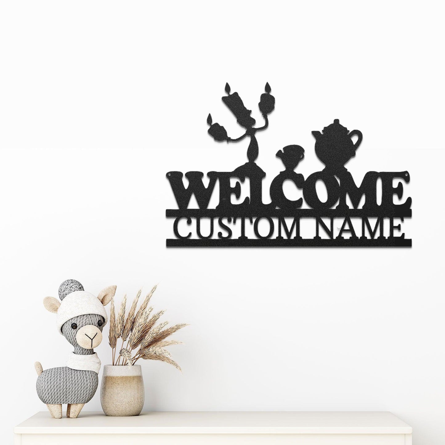 Candlestick and Teacup Beaty and the Beast Characters Welcome Custom Name Metal Art Wall Sign - Mallard Moon Gift Shop