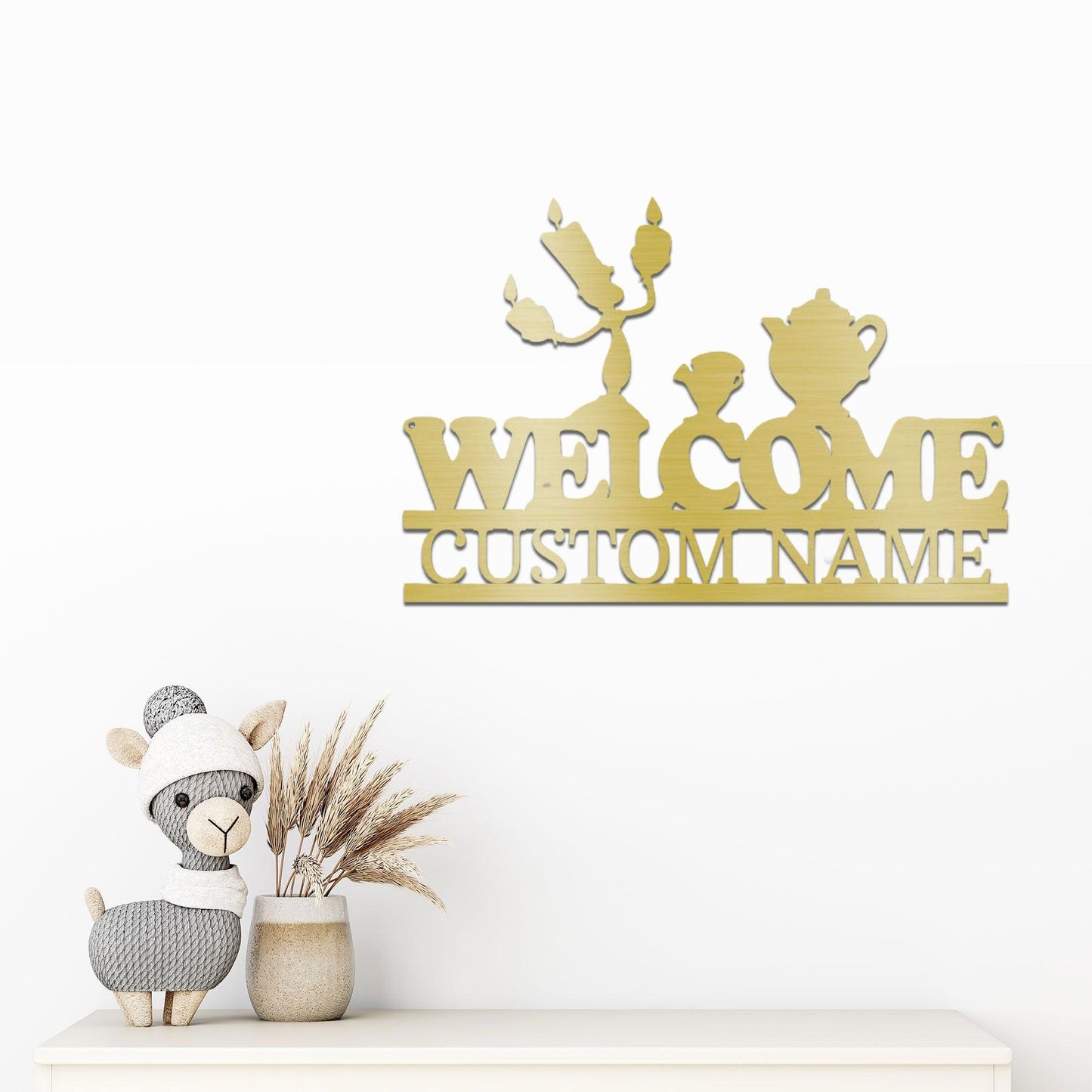 Candlestick and Teacup Beaty and the Beast Characters Welcome Custom Name Metal Art Wall Sign - Mallard Moon Gift Shop