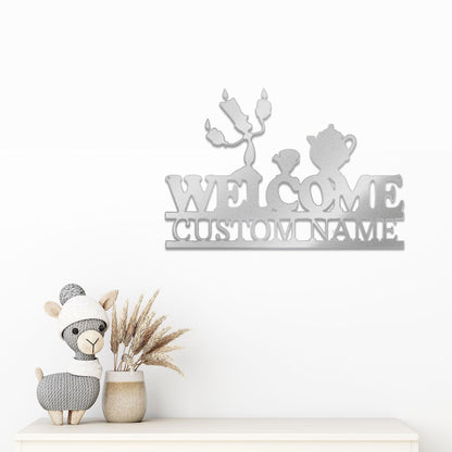 Candlestick and Teacup Beaty and the Beast Characters Welcome Custom Name Metal Art Wall Sign - Mallard Moon Gift Shop