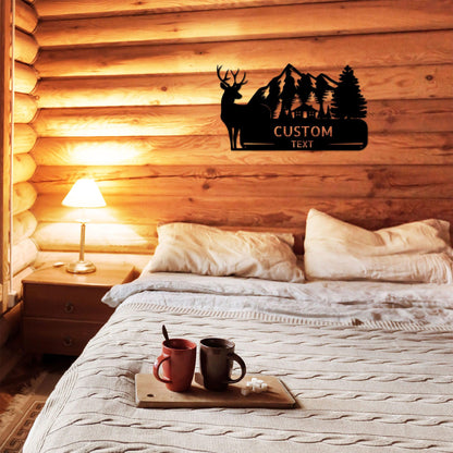 Deer and Cabin in the Woods Custom Name Metal Art Wall Sign - Mallard Moon Gift Shop
