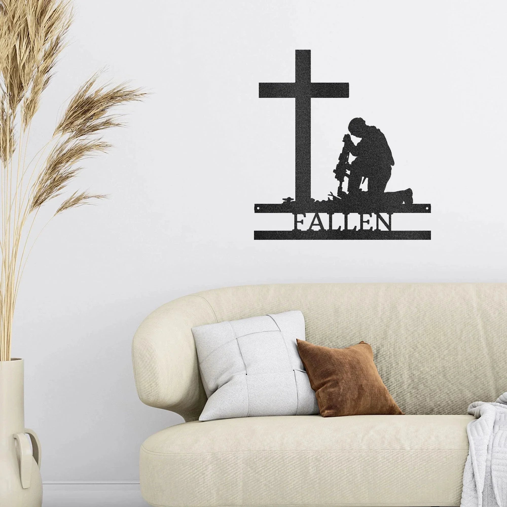 Praying Soldier Kneeling at Cross Custom Name Metal Wall Art