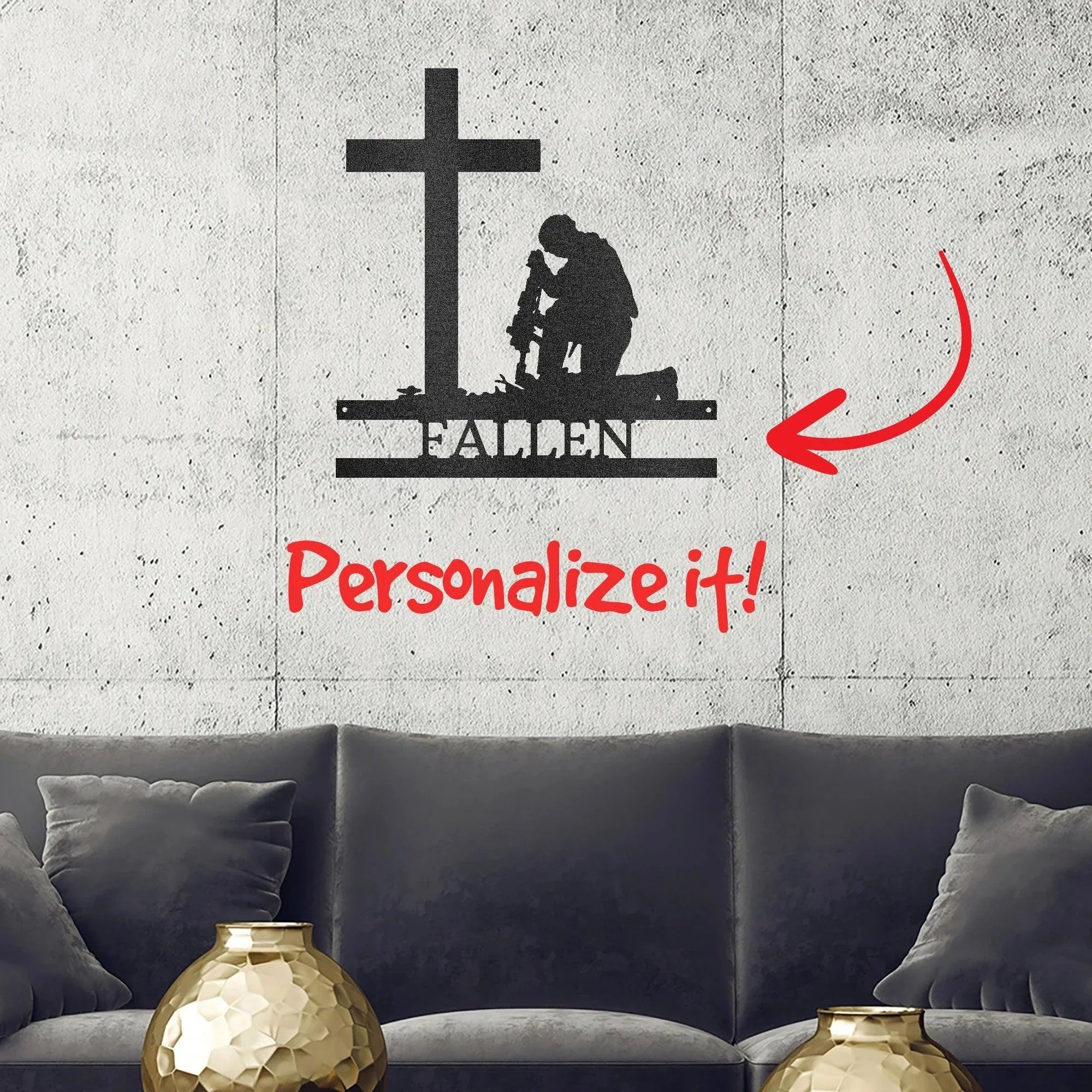 Praying Soldier Kneeling at Cross Custom Name Metal Wall Art