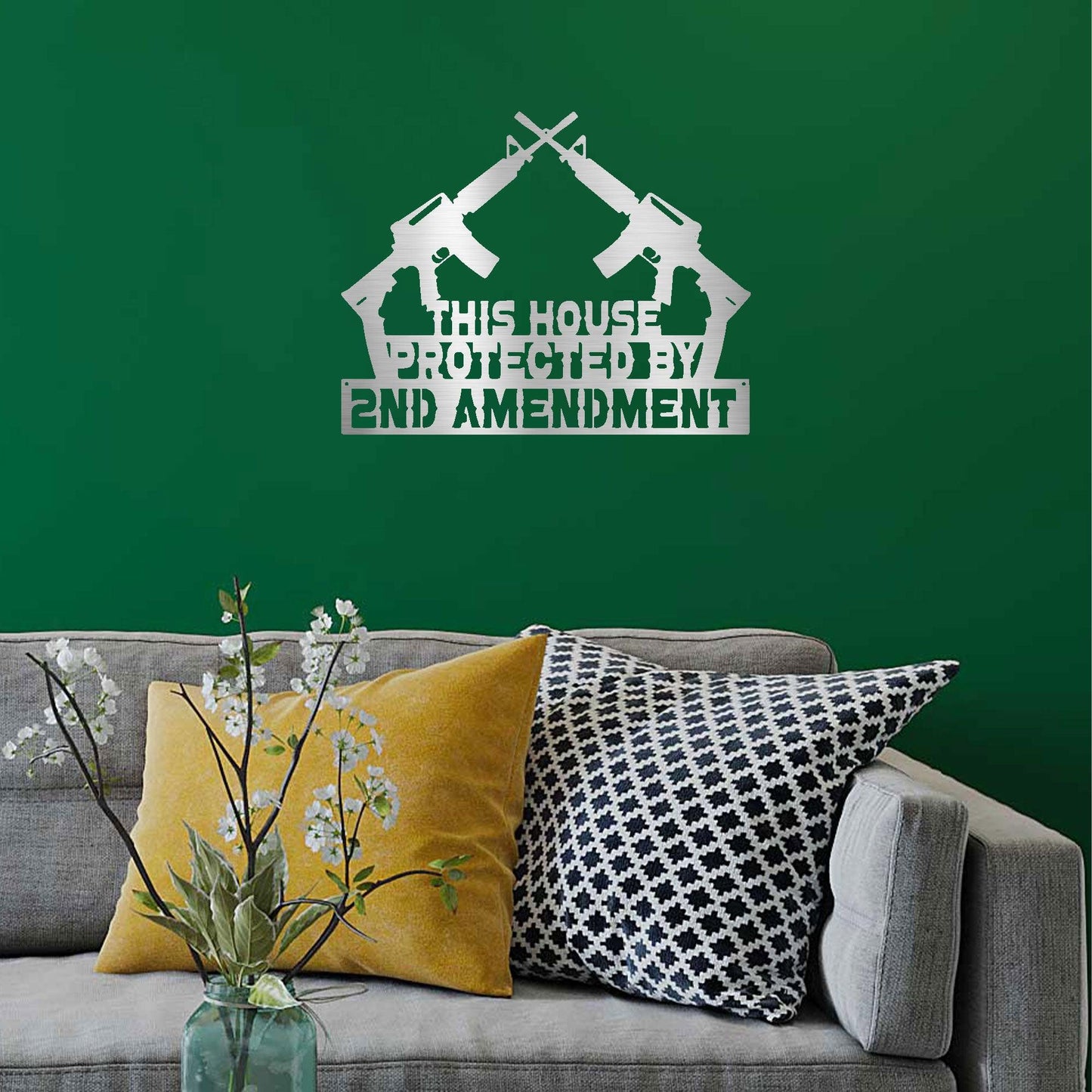 Patriotic Metal Wall Sign Art - This House Protected by Second Amendment - Mallard Moon Gift Shop