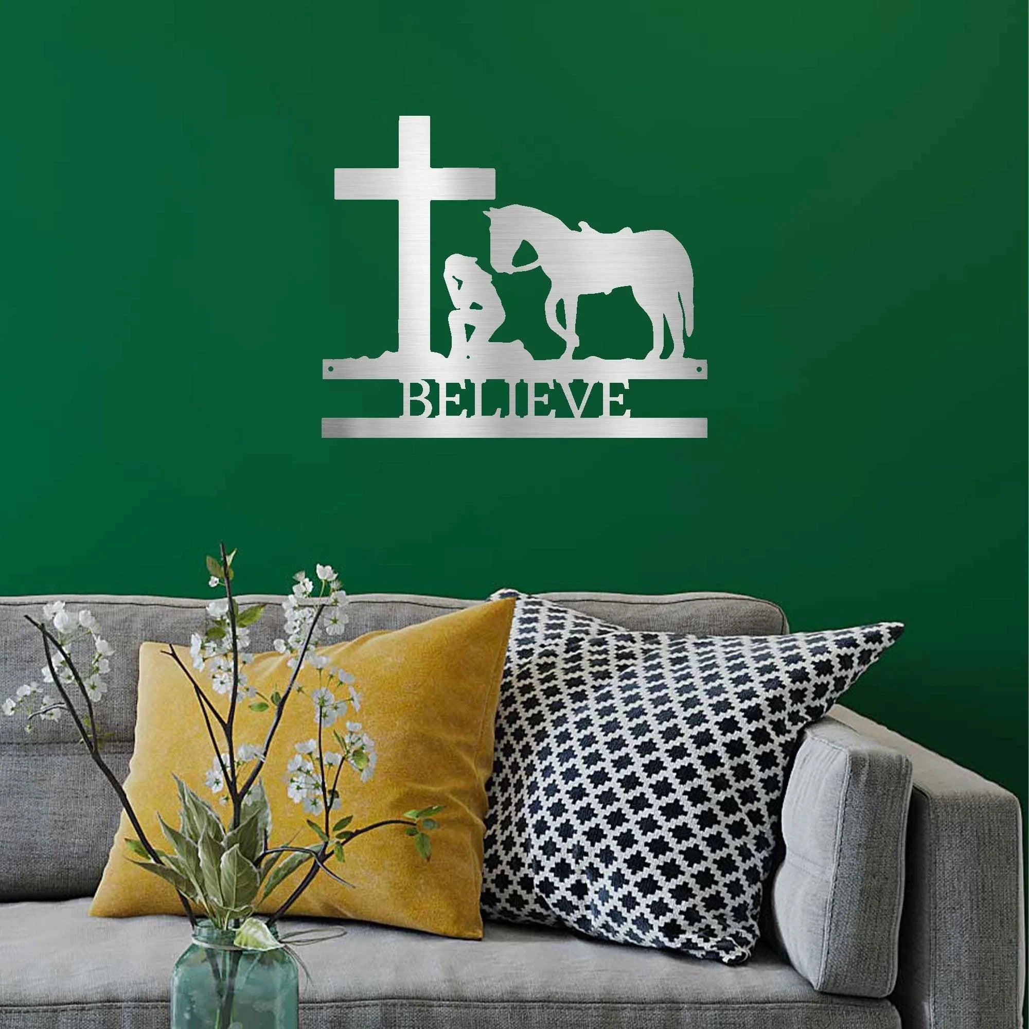 Praying Cowgirl with Horse Kneeling at Cross Custom Name Metal Wall Art
