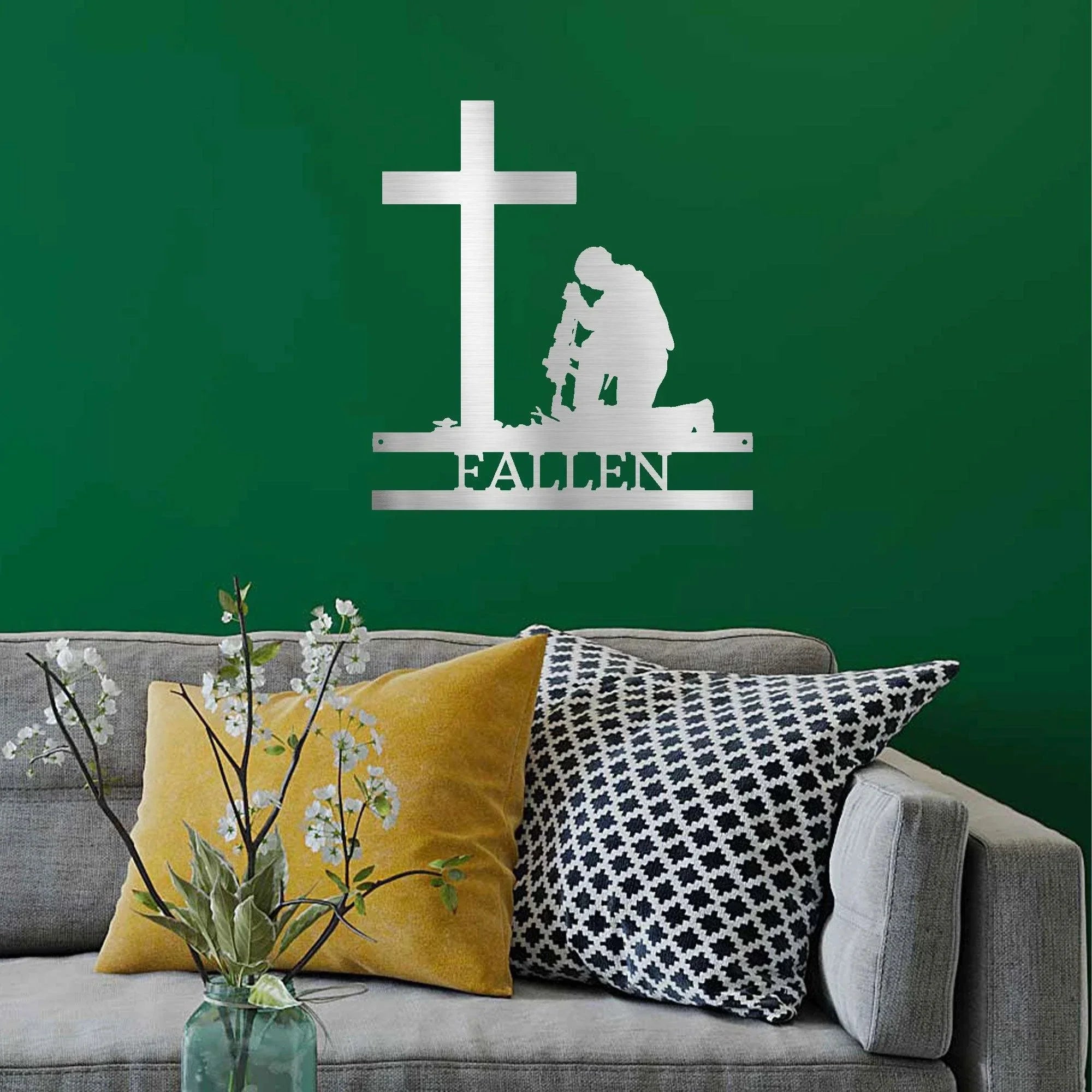 Praying Soldier Kneeling at Cross Custom Name Metal Wall Art