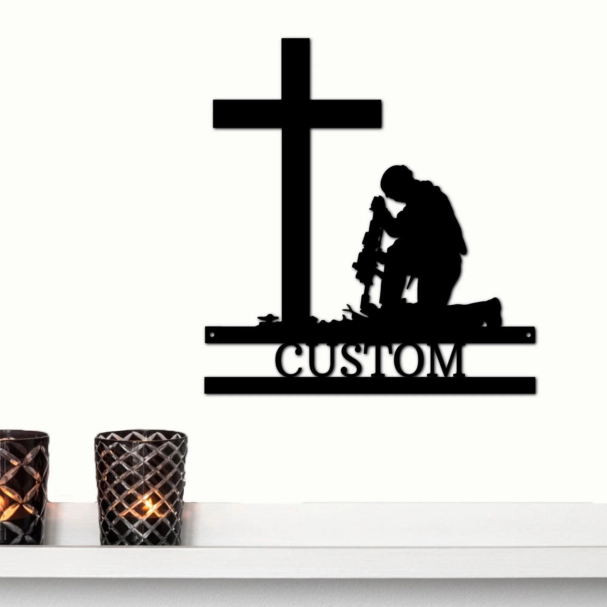 Praying Soldier Kneeling at Cross Custom Name Metal Wall Art