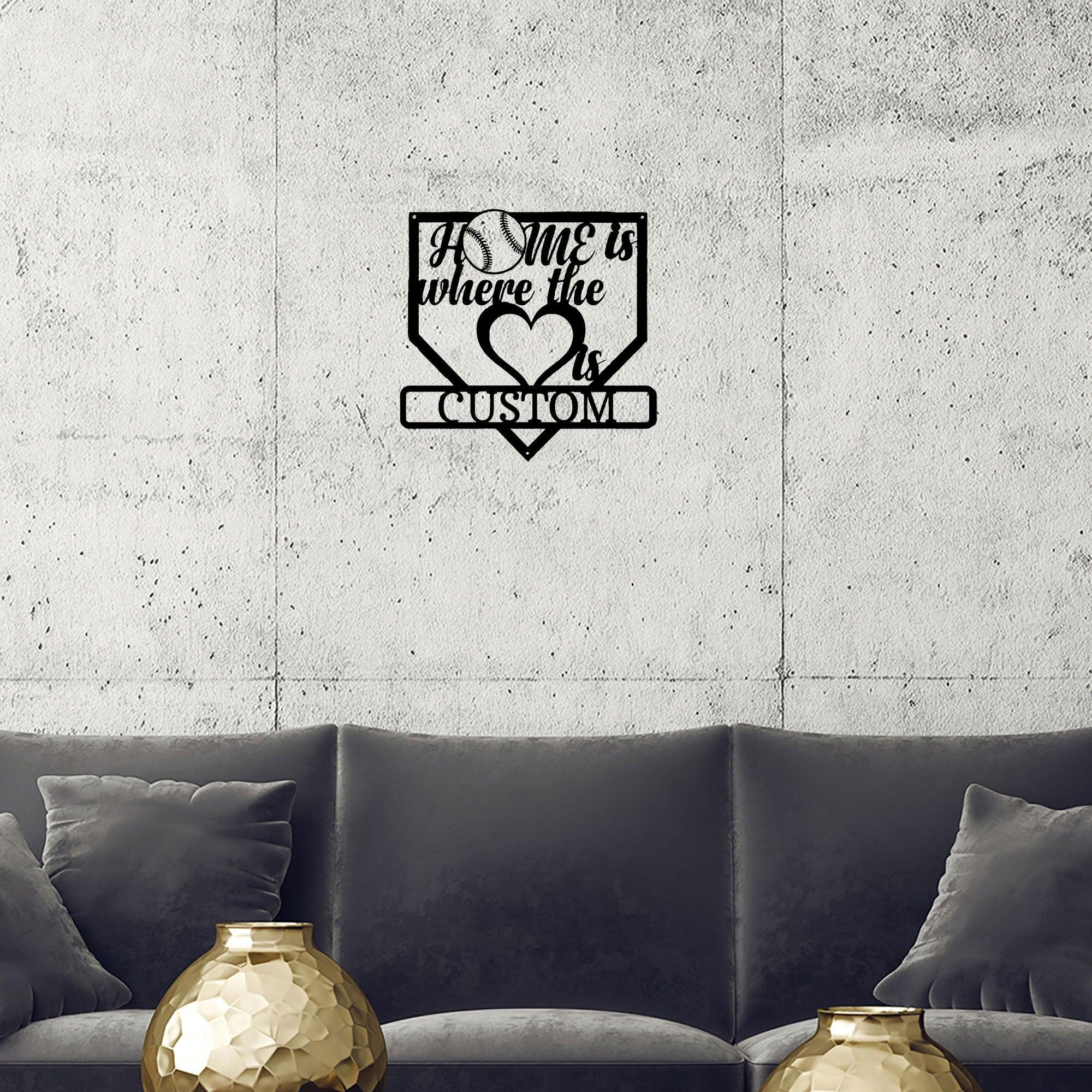 Baseball Home Is Where the Heart Is Custom Name Metal Art Wall Sign - Mallard Moon Gift Shop