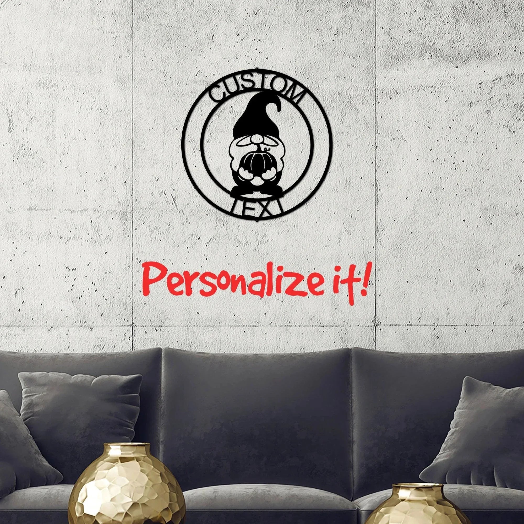 Thanksgiving Gnome with Pumpkin Custom Name Metal Art Wall Sign Home Decor