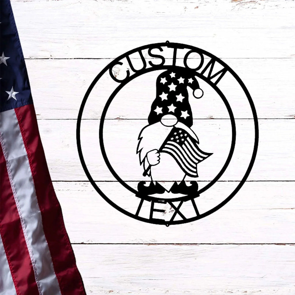 Patriotic Gnome Custom Name Metal Art Wall Sign