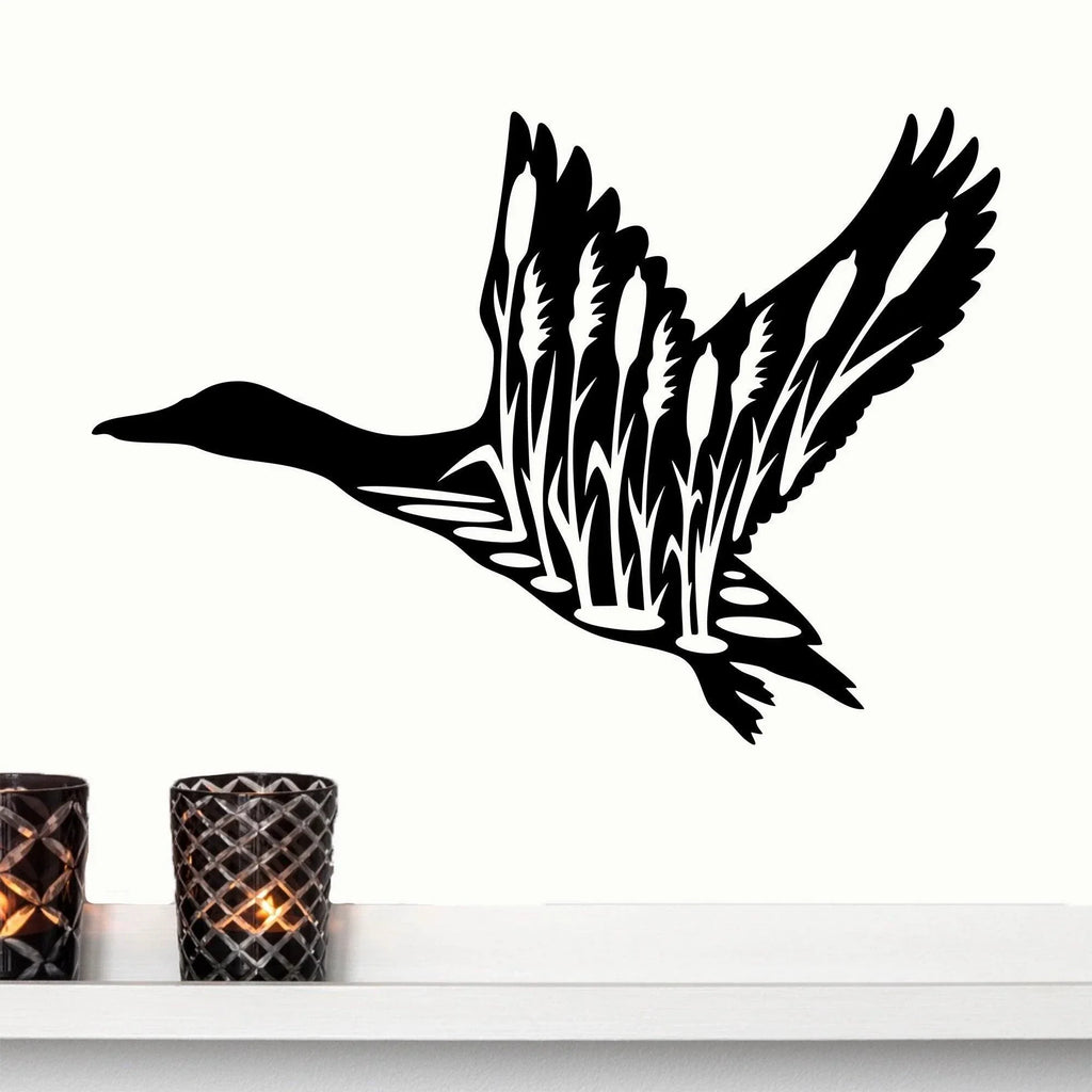 Duck in Flight with Cattails Metal Art Wall Sign