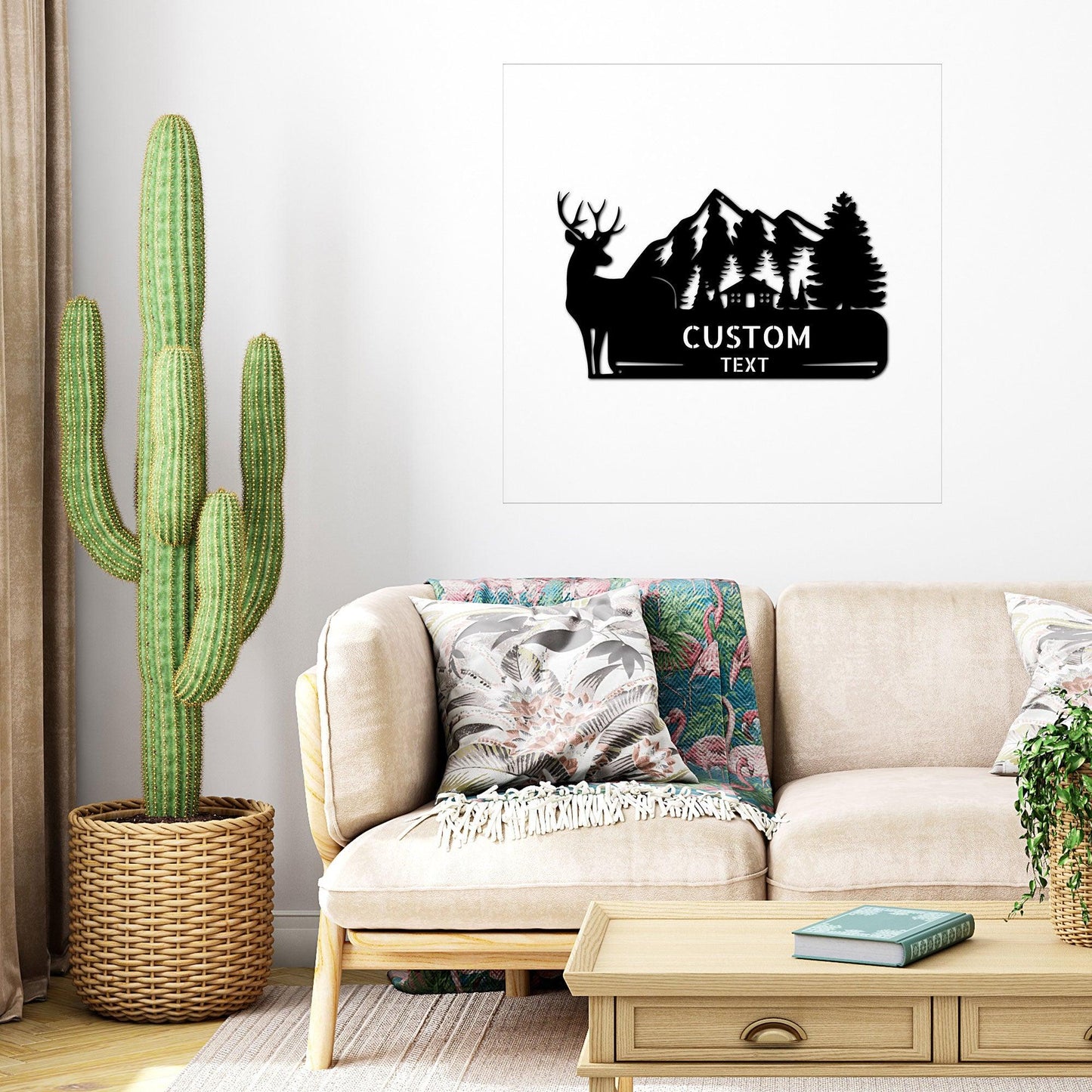 Deer and Cabin in the Woods Custom Name Metal Art Wall Sign - Mallard Moon Gift Shop