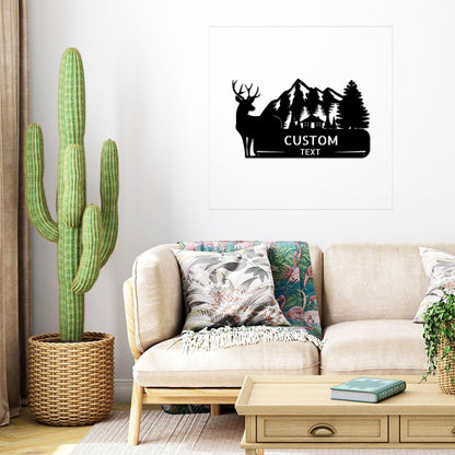 Deer and Cabin in the Woods Custom Name Metal Art Wall Sign - Mallard Moon Gift Shop