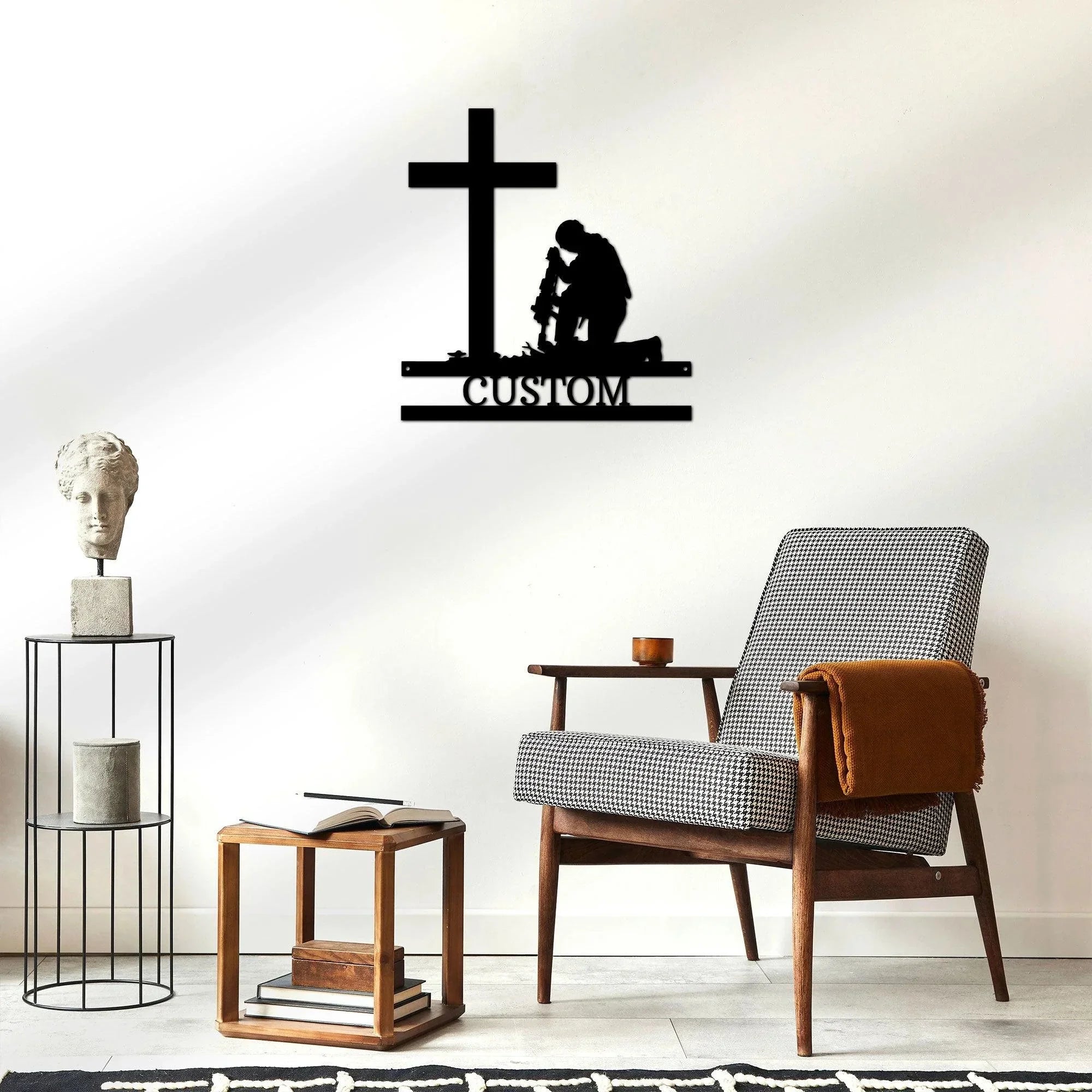 Praying Soldier Kneeling at Cross Custom Name Metal Wall Art