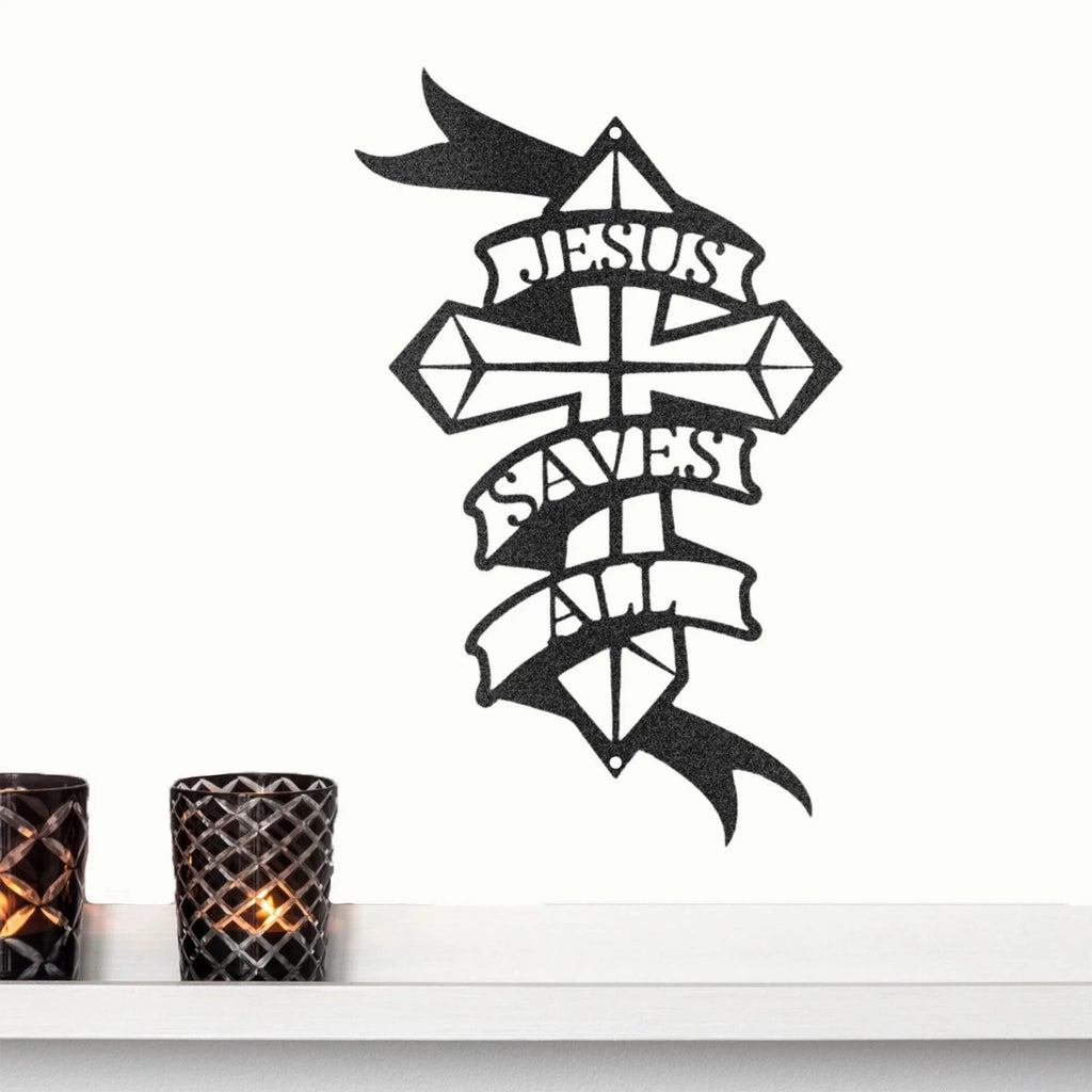 Jesus Saves All Cross Metal Art Wall Sign