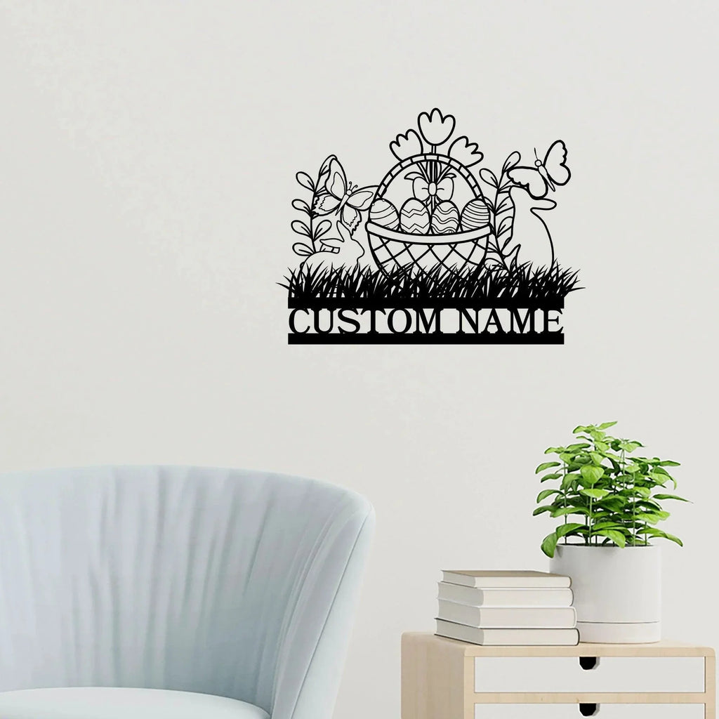 Personalized Easter Basket Bunny Rabbit Metal Art Wall Sign