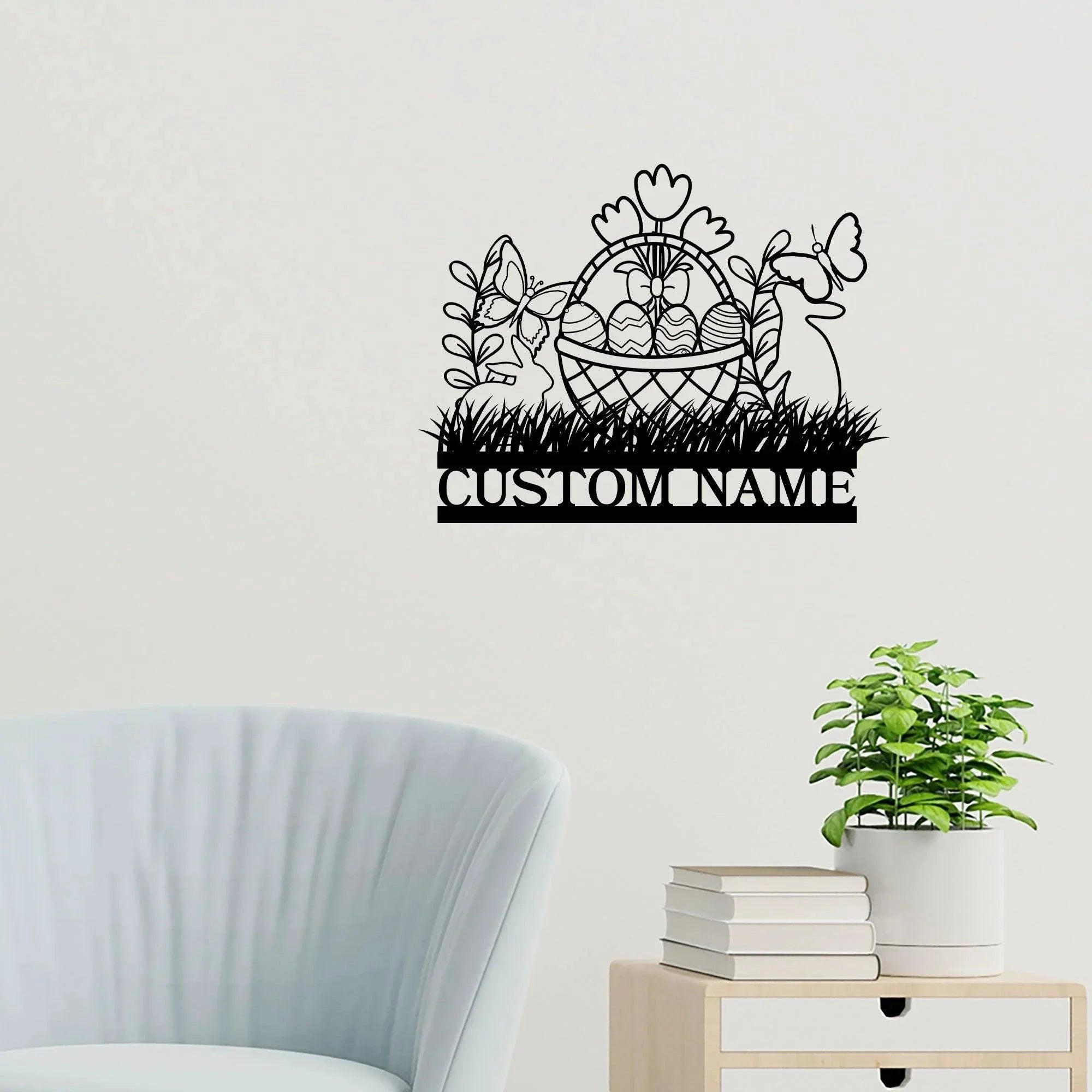 Personalized Easter Basket Bunny Rabbit Metal Art Wall Sign