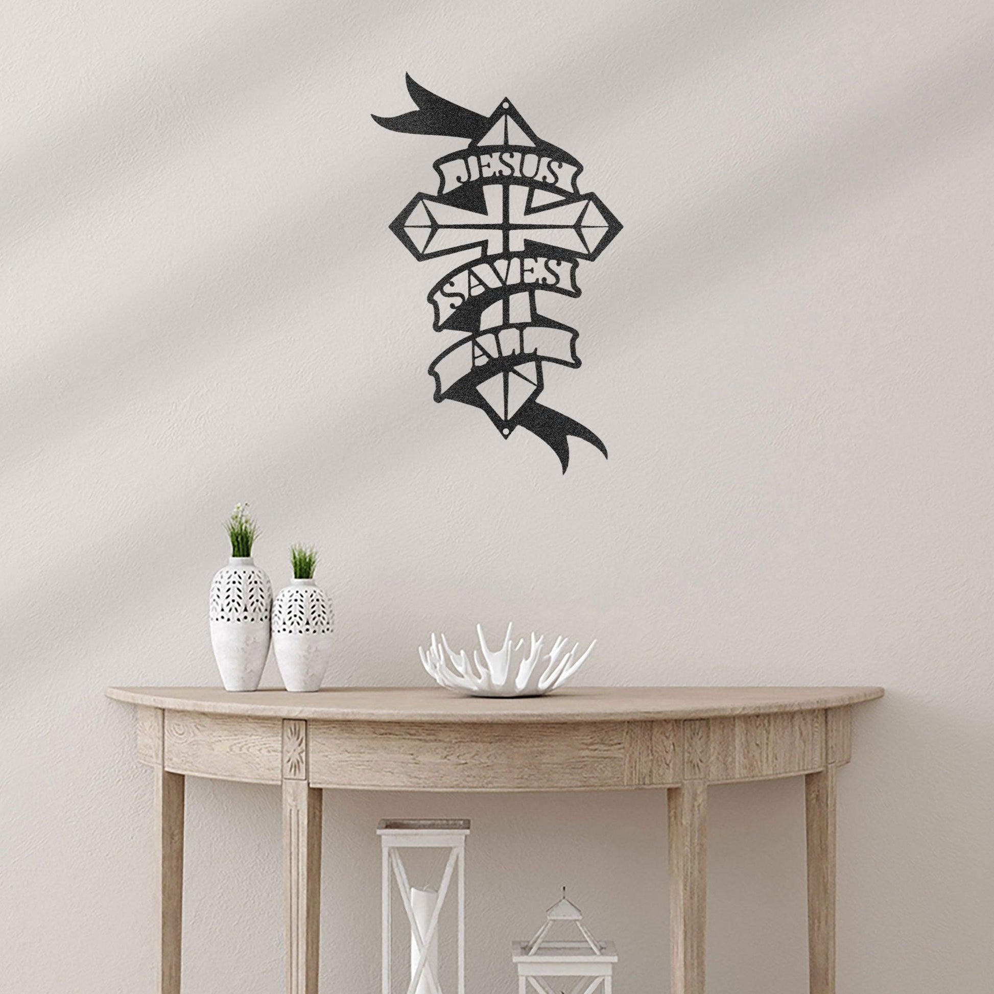 Jesus Saves All Cross Metal Art Wall Sign - Mallard Moon Gift Shop