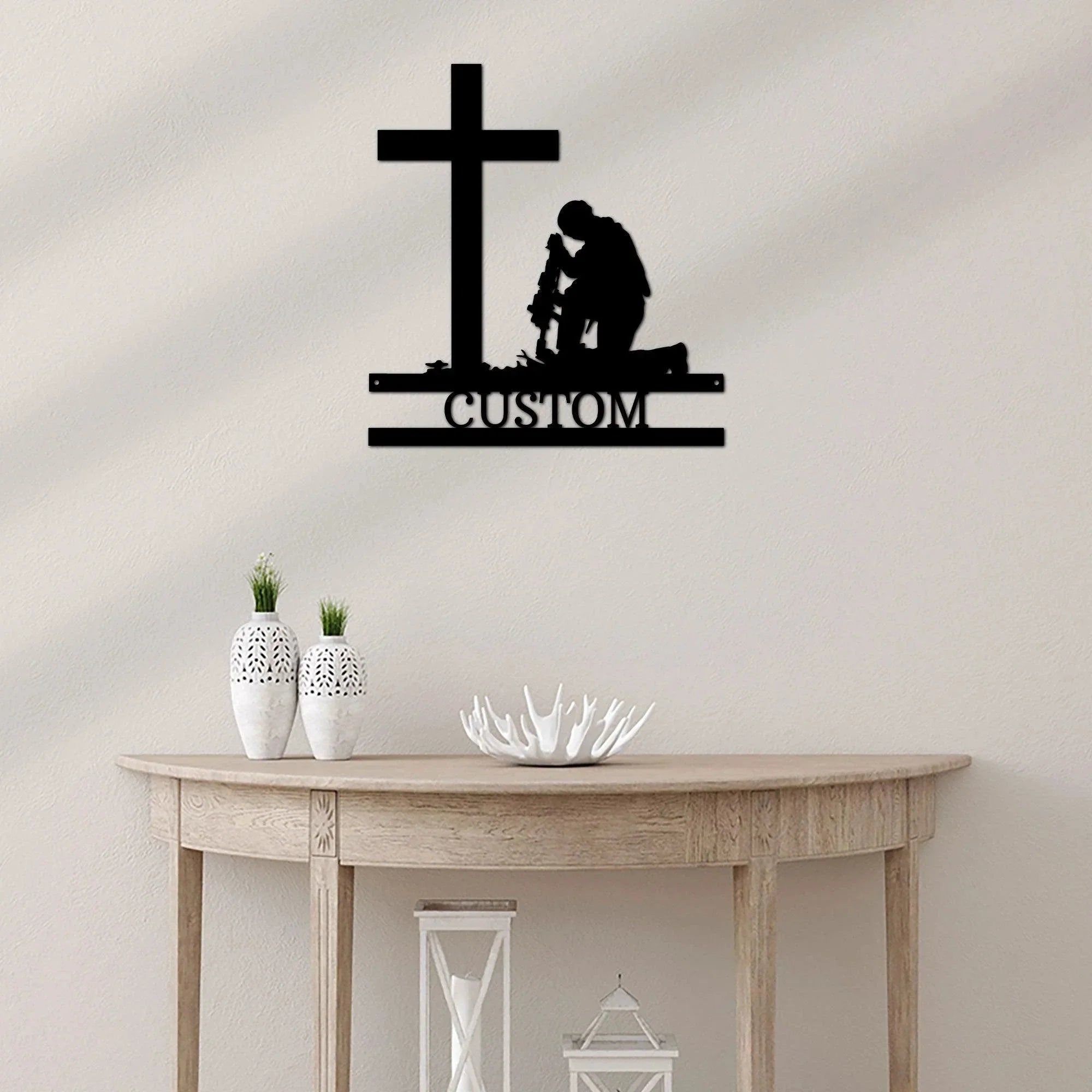 Praying Soldier Kneeling at Cross Custom Name Metal Wall Art