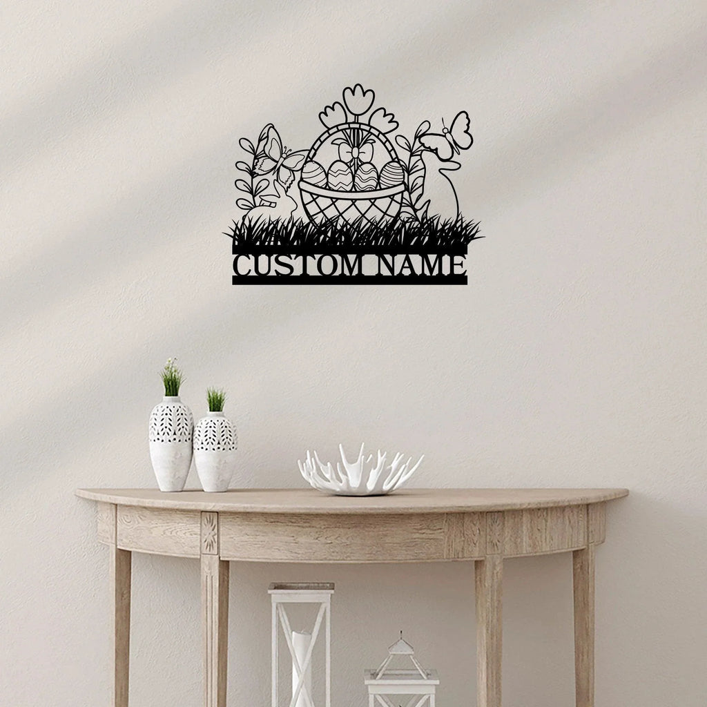 Personalized Easter Basket Bunny Rabbit Metal Art Wall Sign