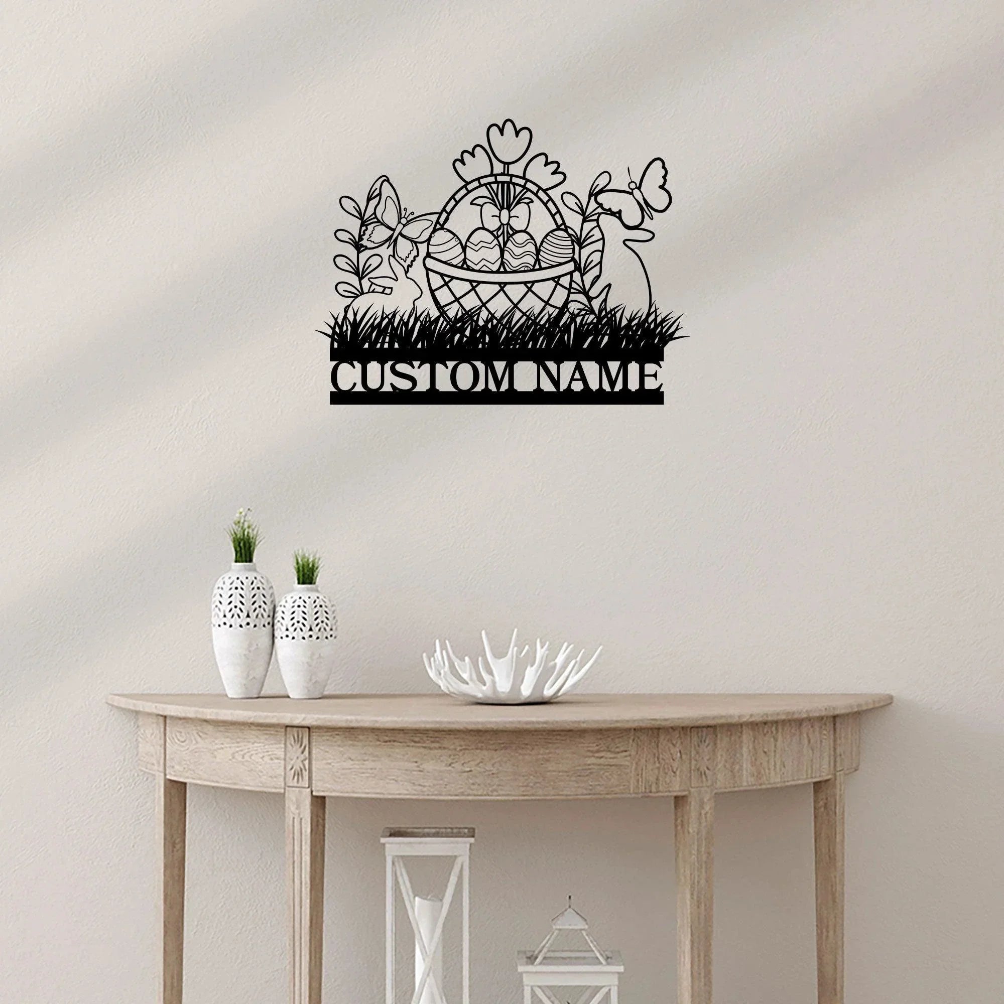 Personalized Easter Basket Bunny Rabbit Metal Art Wall Sign