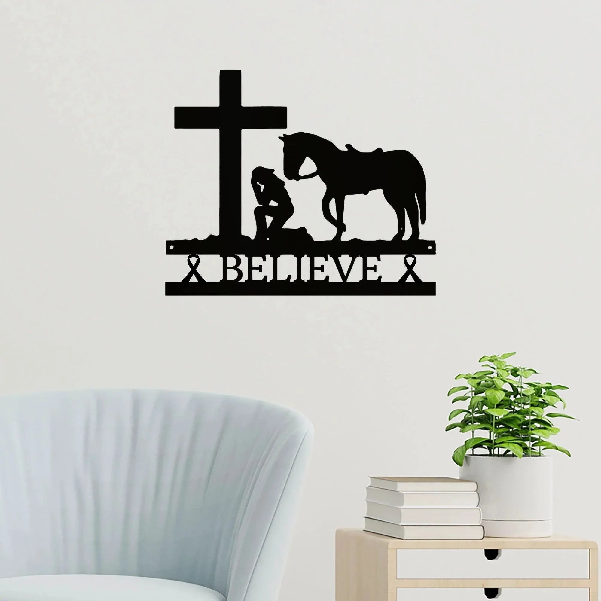 Cancer Ribbon Believe Cowgirl Kneeling at Cross Metal Art