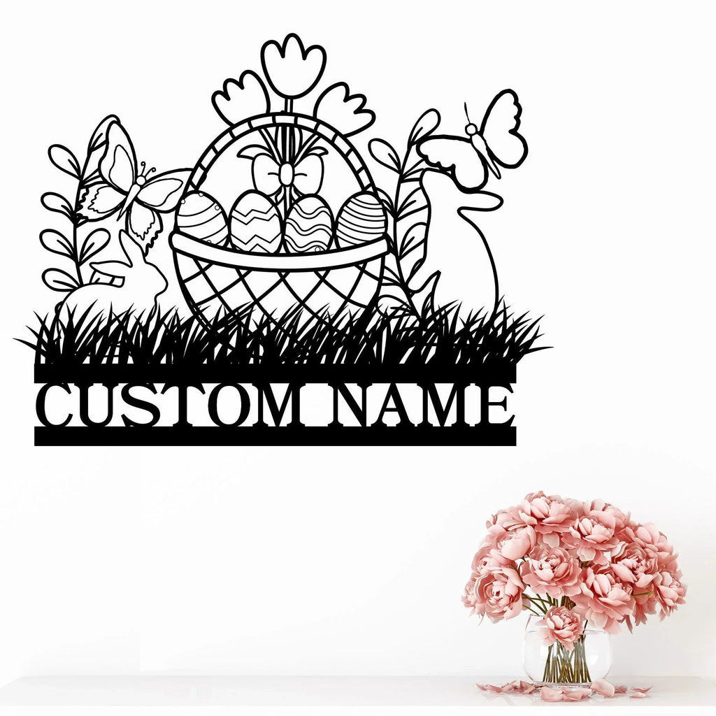 Personalized Easter Basket Bunny Rabbit Metal Art Wall Sign