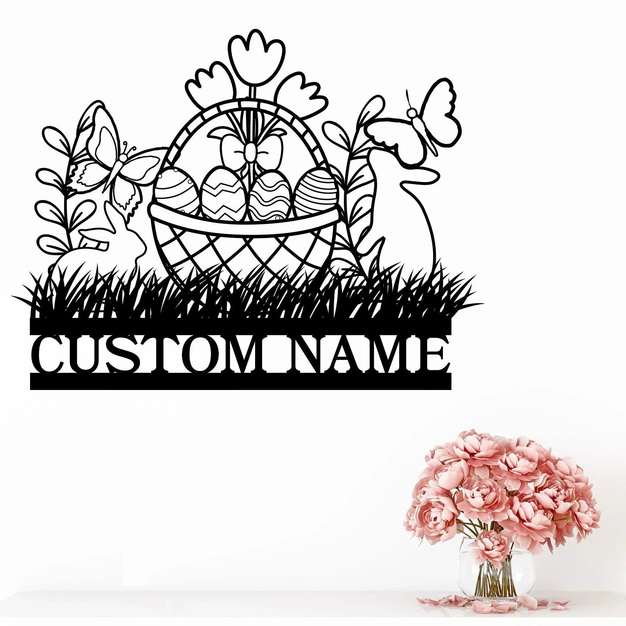 Personalized Easter Basket Bunny Rabbit Metal Art Wall Sign