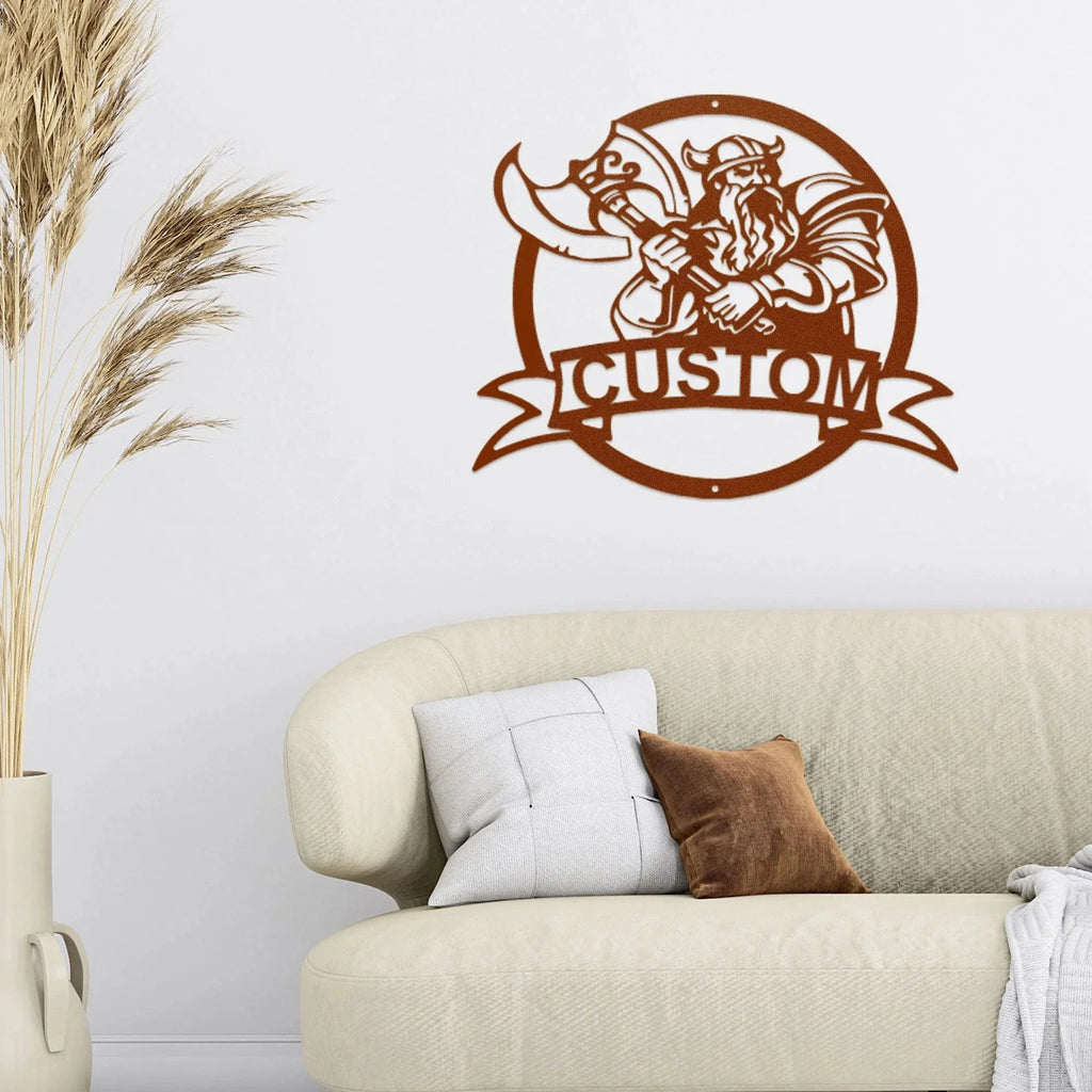 Fighting Viking Monogram Personalized Name Indoor Outdoor Steel Wall Sign Metal Man Cave Art