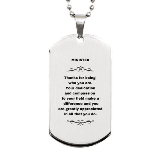 Minister Silver Dog Tag Necklace - Thanks for being who you are - Birthday Christmas Jewelry Gifts Coworkers Colleague Boss - Mallard Moon Gift Shop