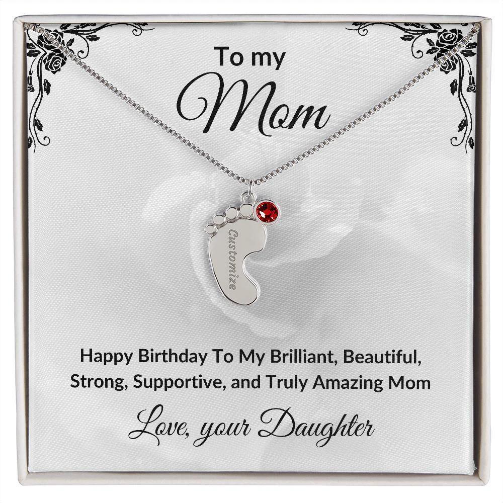 Mother Birthday Custom Engraved Birthstone Baby Feet Charm Necklace