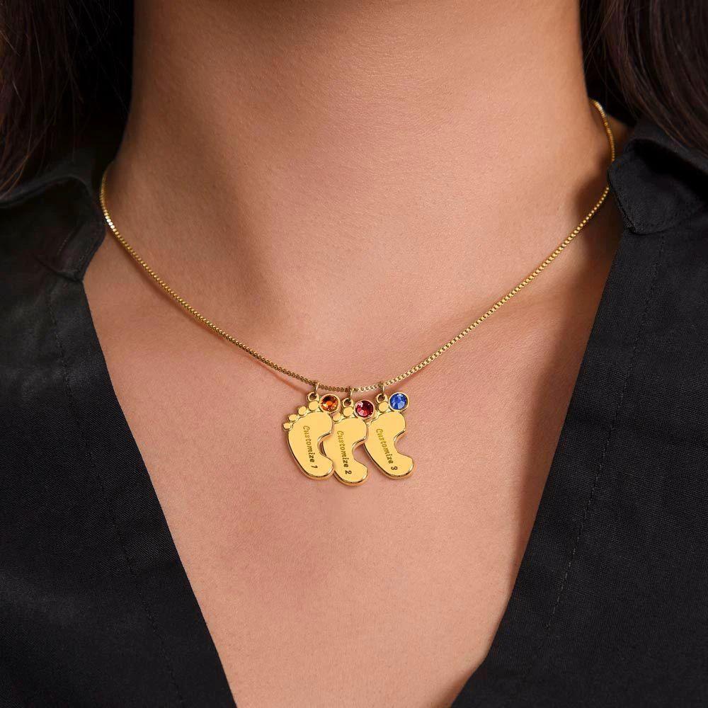 Mother Birthday Custom Engraved Birthstone Baby Feet Charm Necklace