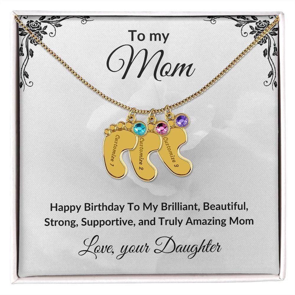Mother Birthday Custom Engraved Birthstone Baby Feet Charm Necklace
