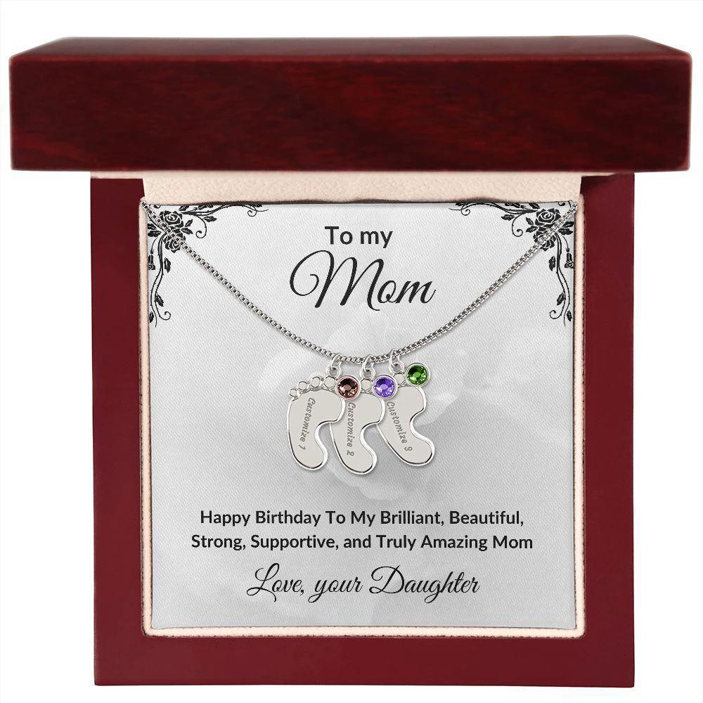 Mother Birthday Custom Engraved Birthstone Baby Feet Charm Necklace