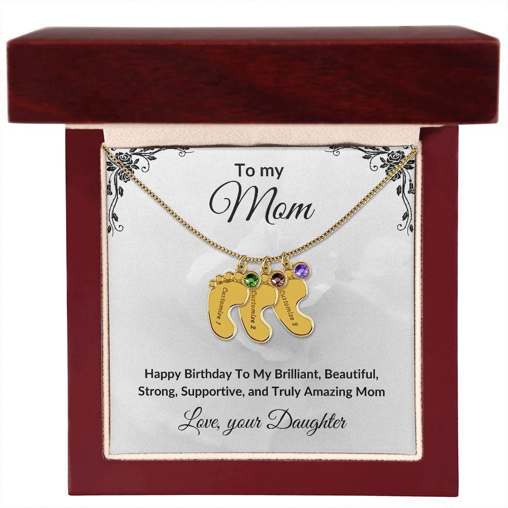 Mother Birthday Custom Engraved Birthstone Baby Feet Charm Necklace
