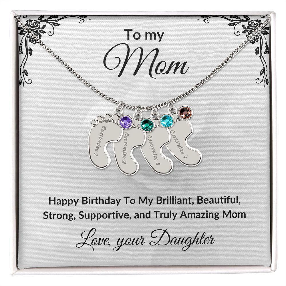 Mother Birthday Custom Engraved Birthstone Baby Feet Charm Necklace