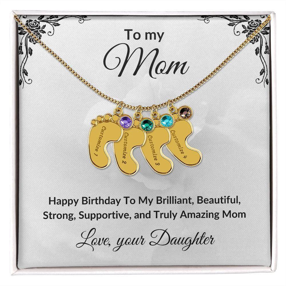 Mother Birthday Custom Engraved Birthstone Baby Feet Charm Necklace