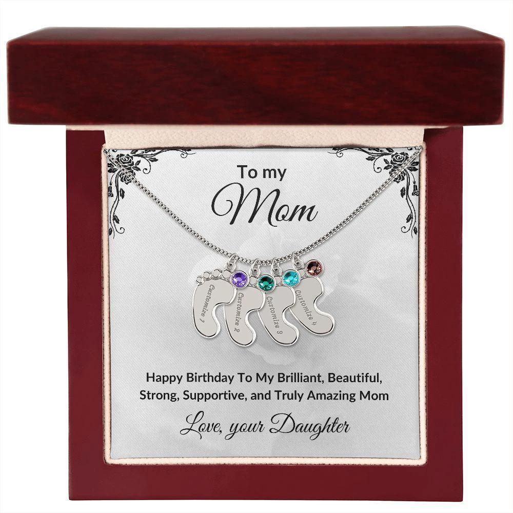 Mother Birthday Custom Engraved Birthstone Baby Feet Charm Necklace