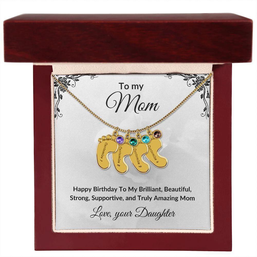 Mother Birthday Custom Engraved Birthstone Baby Feet Charm Necklace