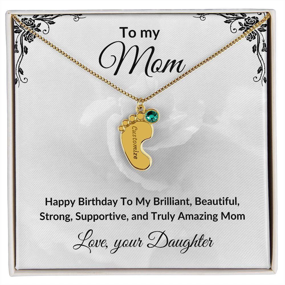 Mother Birthday Custom Engraved Birthstone Baby Feet Charm Necklace