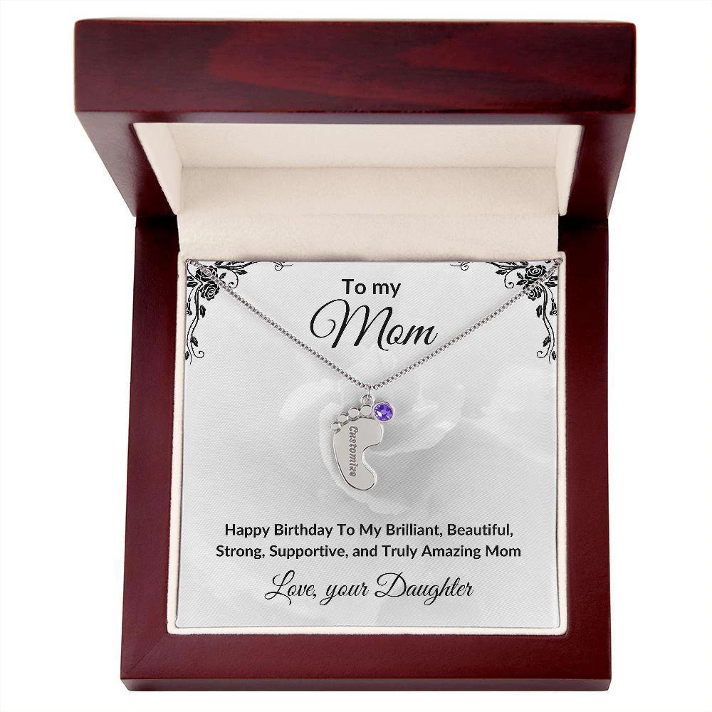 Mother Birthday Custom Engraved Birthstone Baby Feet Charm Necklace